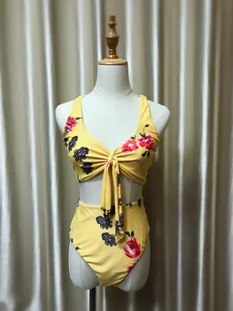 

2017 New High Waist Bikini Set Floral Printed Yellow Color Swimsuit Bathing Suit