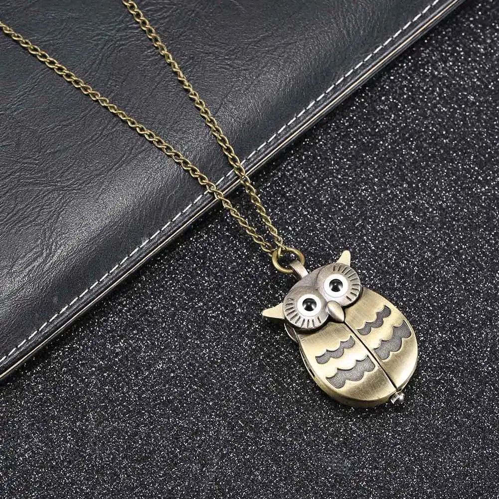 Pocket Watch Vintage Alloy Retro Owl Shape Pendant Long Necklace Chain Keychain