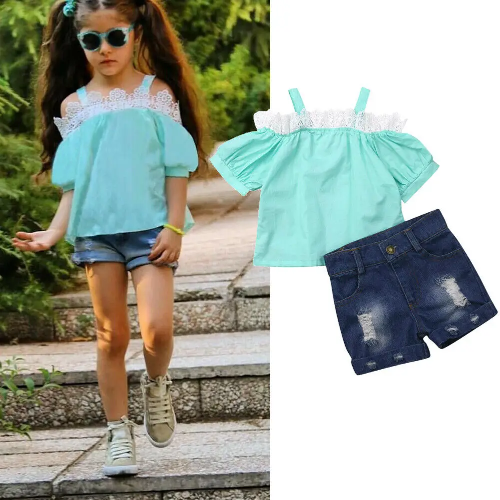

2-7Y Toddler Girl Kids Summer Outfits Clothes Sets Lace Sleeve Off Shoulder T-shirt Tops+Shorts 2PCS Set