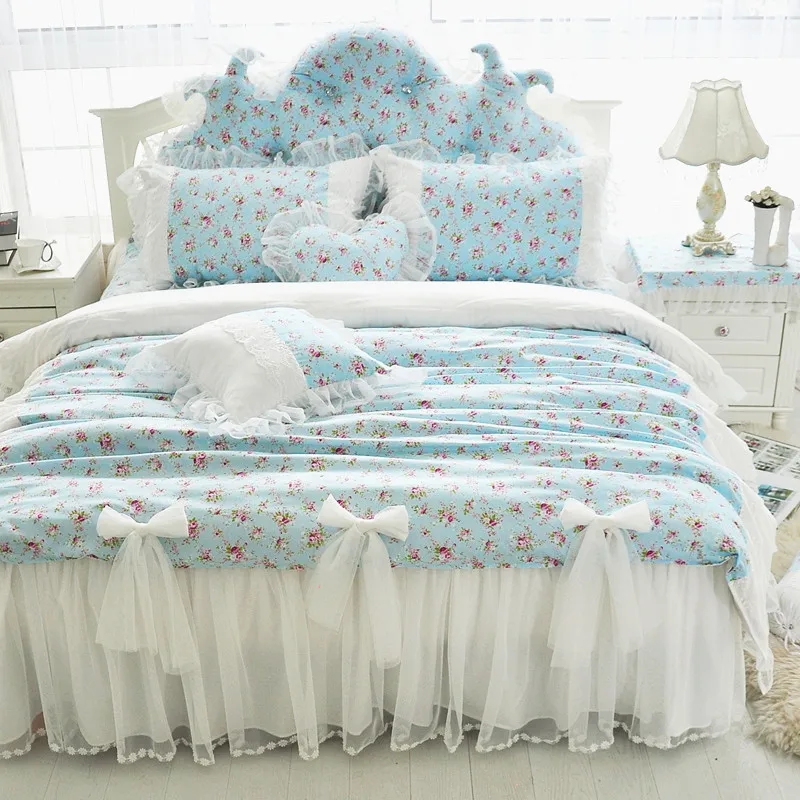 Korean Dreaming Blue Ruffle Cotton Lace Bedding 4pcs Set Queen King
