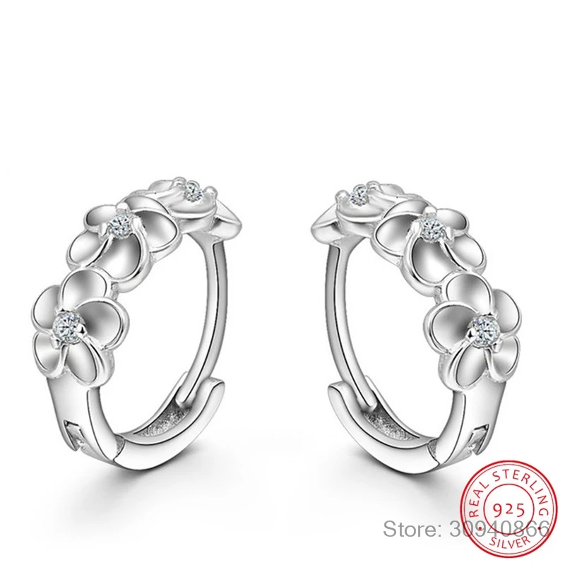 

pendientes 925 Sterling Silver 3 Flower Zirconia Hoop Earrings For Women brincos oorbellen boucle d'oreille