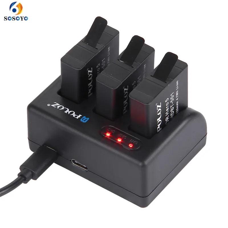 Three Ports USB Battery Charger Built-in Micro and Type-C ports for GoPro Hero 6 5 Black Camera Charging Accessories | Электроника