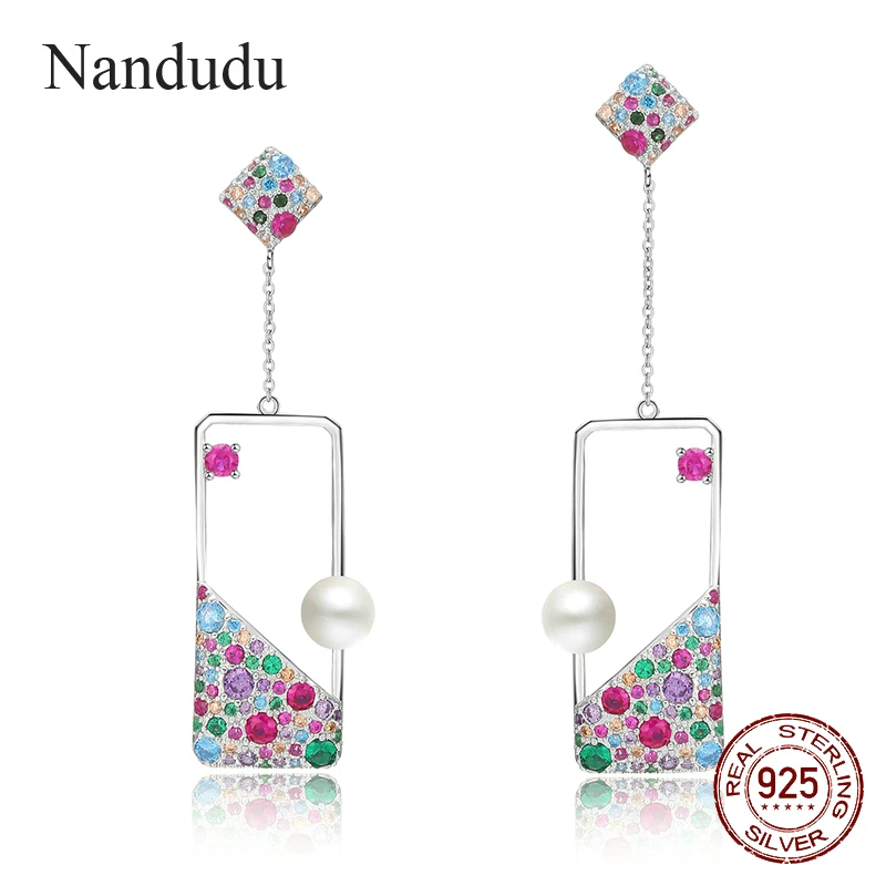 

Nandudu Real 925 Sterling Silver Square Drop Earrings with Freshwater Pearl Cubic Zircon Dangle Earrings for Women Gift CE406