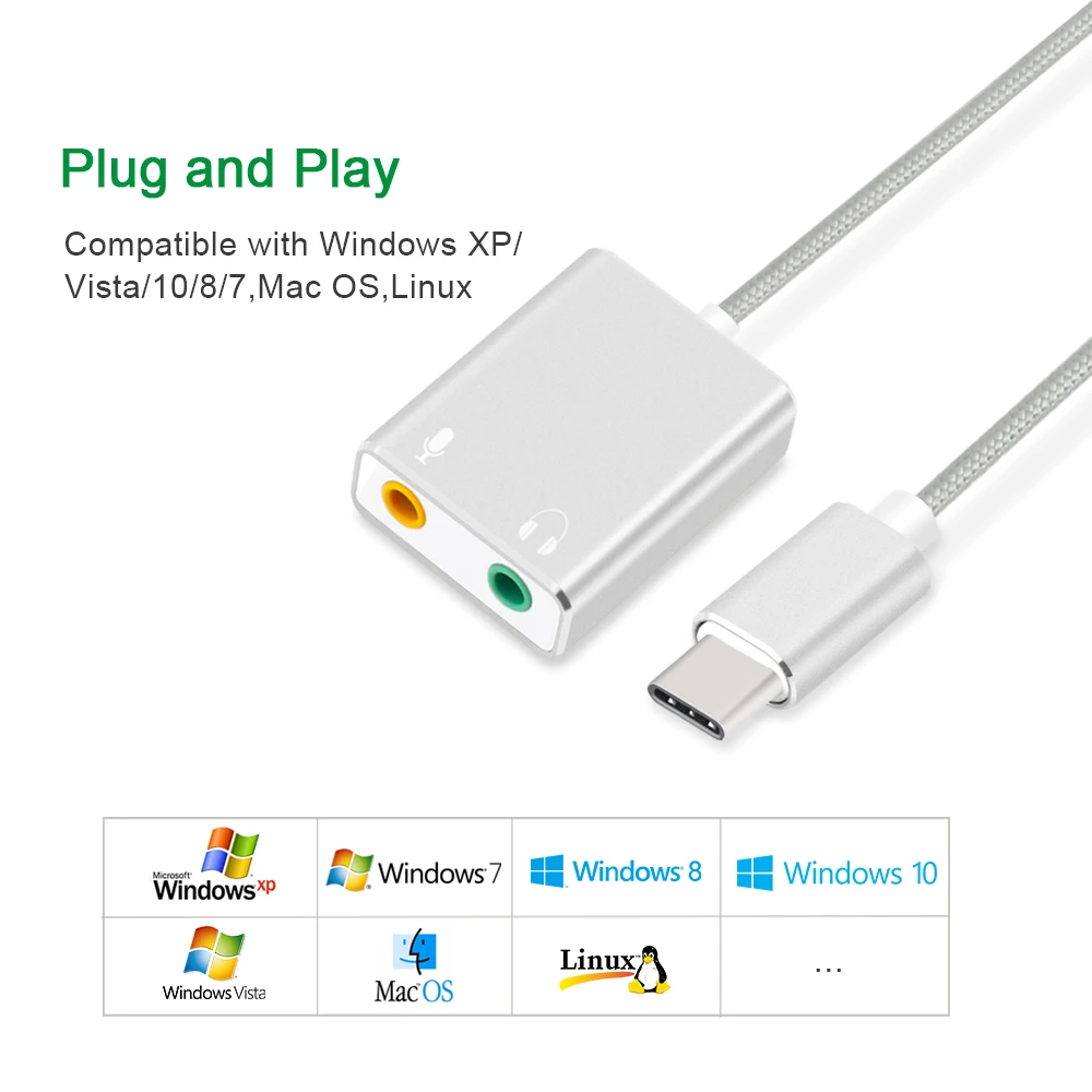 Внешняя звуковая карта USB Type C адаптер со штекером 3 5 мм для наушников и микрофона
