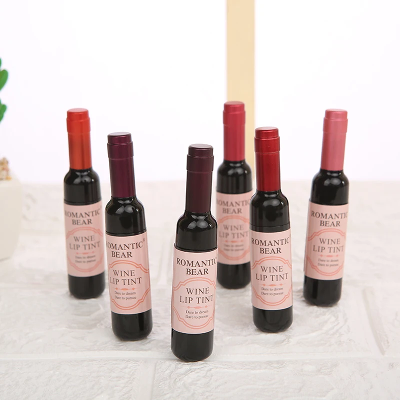 Жидкие губные помады с романтическим медведем в винной бутылке, водостойкие, 6 цветов, 240 шт = 10 коробок, DHL, блеск для губ, косметика
