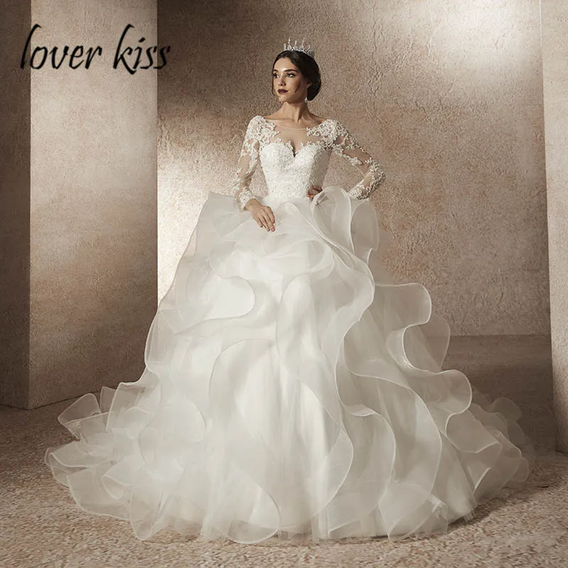 Lover Kiss robe de mariee гофрированное свадебное платье с длинным рукавом скромное кружевное бисерное Свадебные платья с открытой спиной trouwjurk broidsjurken