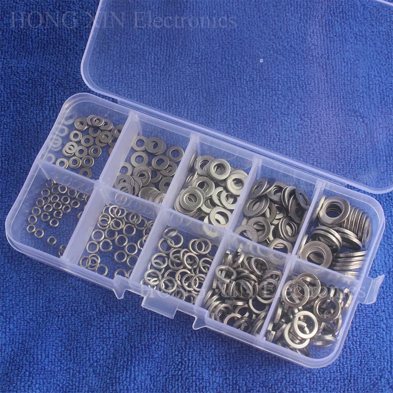 

300Pcs/set M2 M3 M4 M5 M6 304 Stainless Steel Flat Washer Plain Washer Spring Washer Flat Gasket Kit Flat Pad