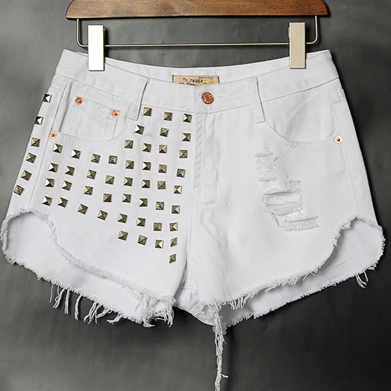 Free Shipping 2015 Women Street Fashion Jeans Shorts Rivet Ripped Jeans Slim Joker Cotton Denim Shorts