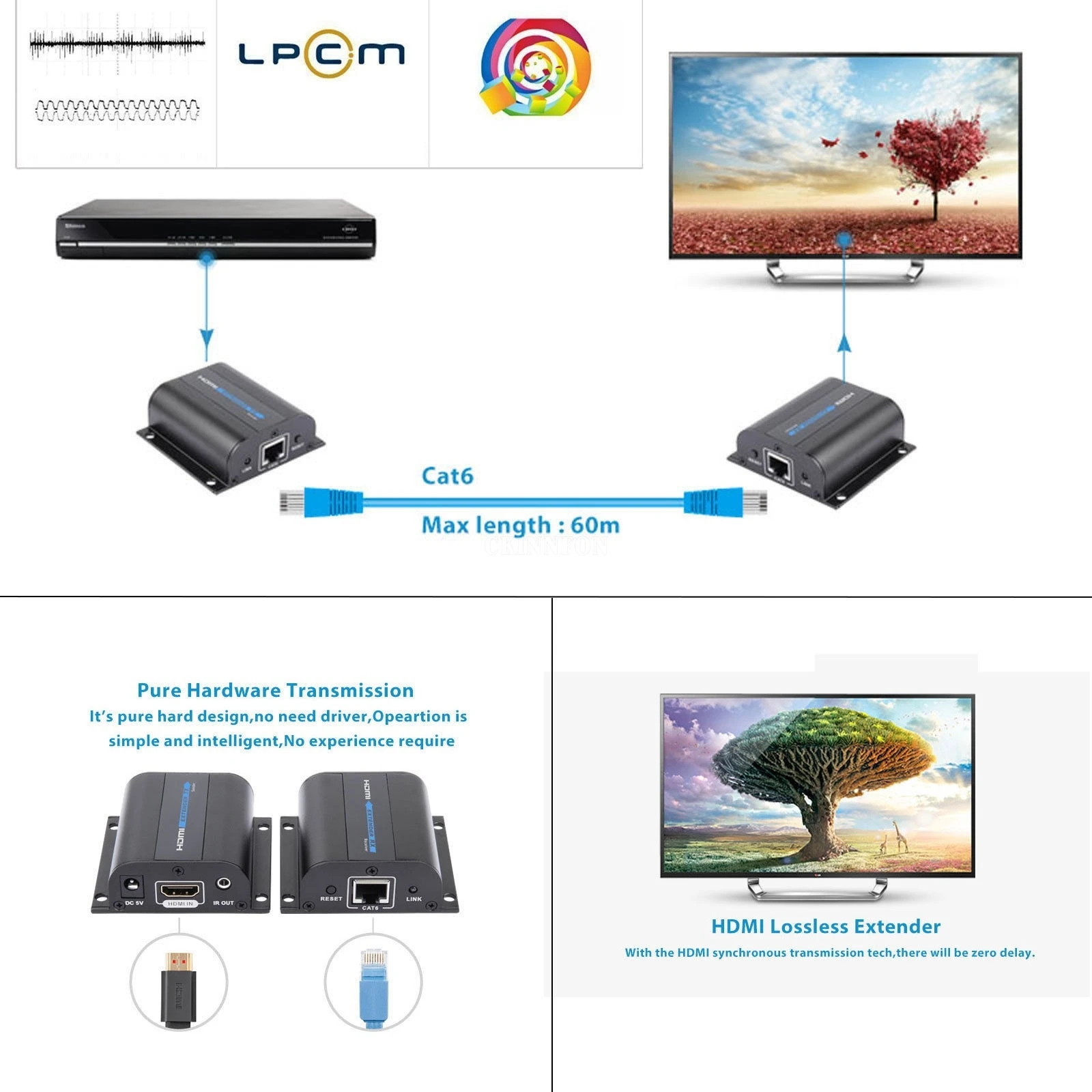 10 세트 3D 1080P HDMI 호환 네트워크 익스텐더 케이블 IR Cat6/6A 이더넷 케이블 60M