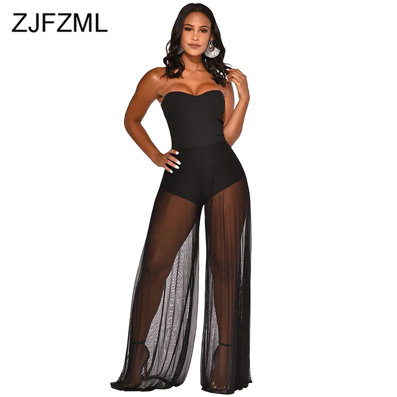 

Sexy See Through Mesh Spliced Jumpsuits for Women Backless Sleeveless Plus Size Overalls Summer Strapless Empire Wide Leg Romper