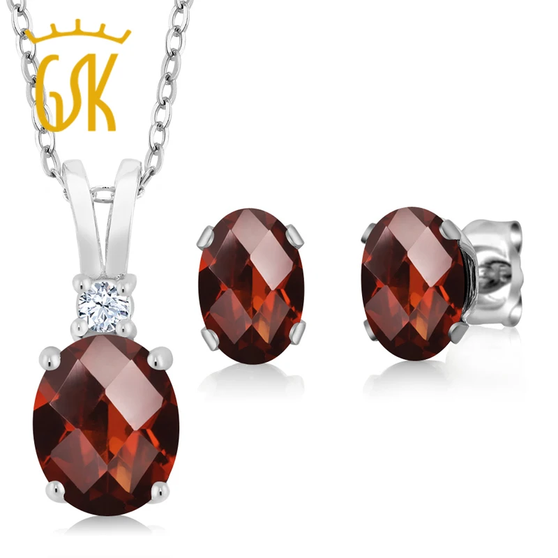 

GemStoneKing 3.05 Ct Oval Natural Checkerboard Red Garnet Jewelry Set For Women 925 Sterling Silver Pendant Earrings Set