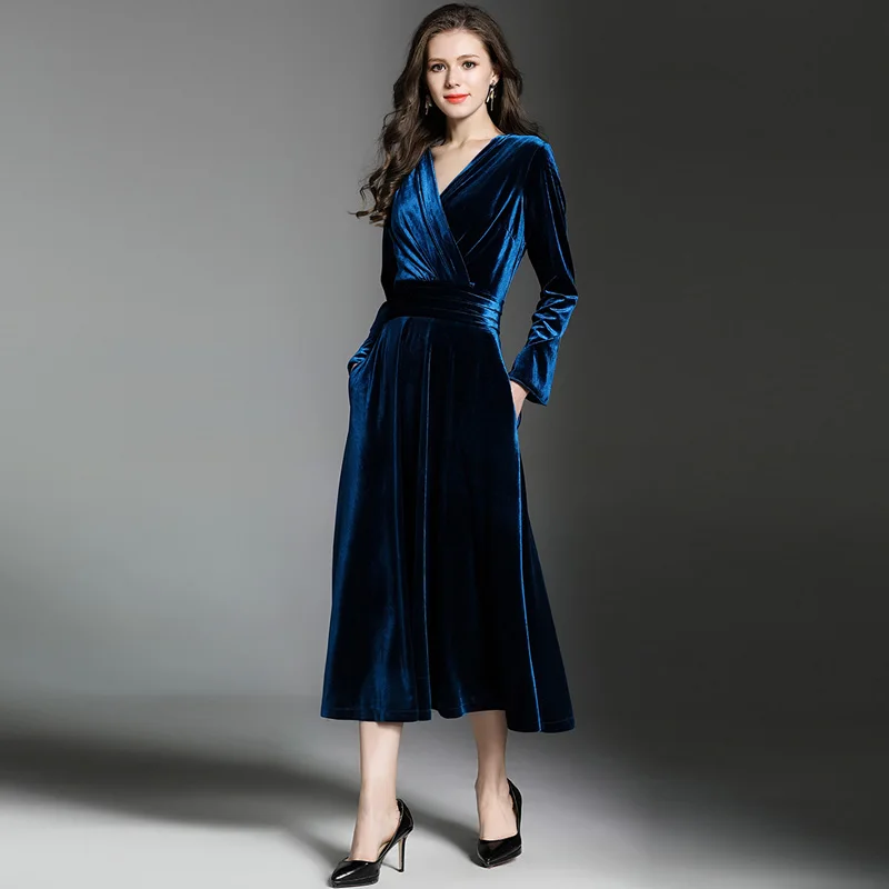 Peacock Blue Velvet Maxi Dress Winter Dresses Women 2018 Vestido Longo V-neck Big Pendulum Long Evening Party Dresses K323780