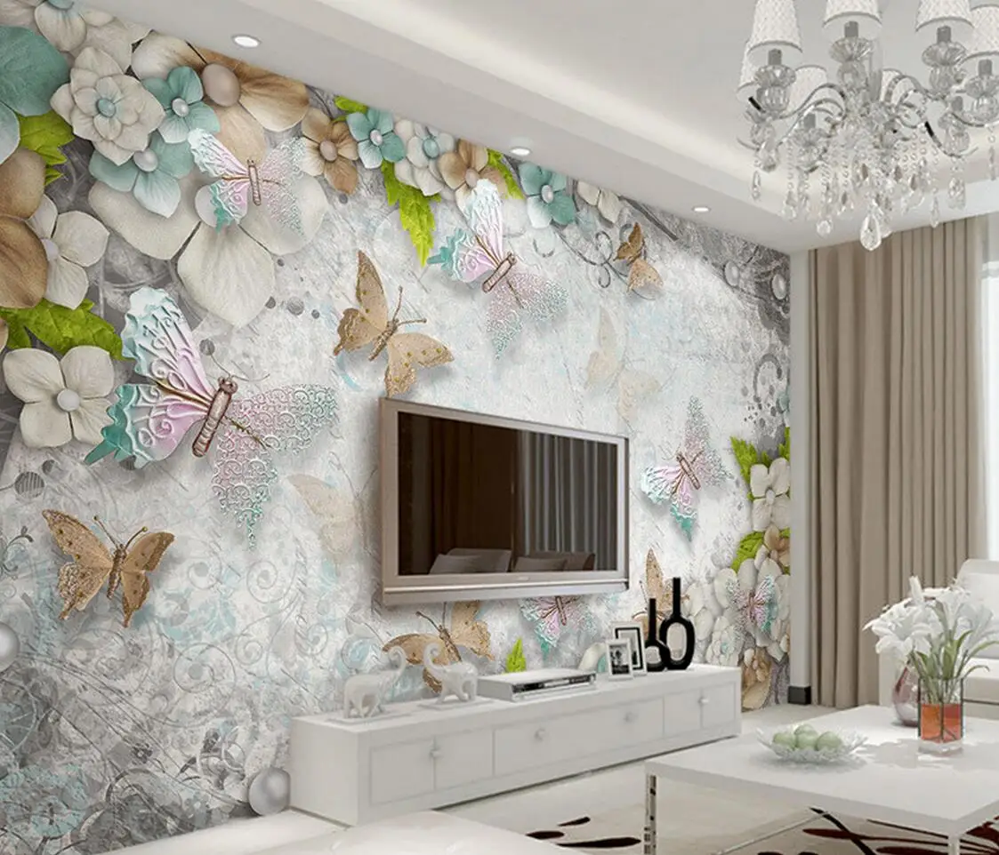 European 3D Embossed Flower Butterfly Wall Mural Photo ...