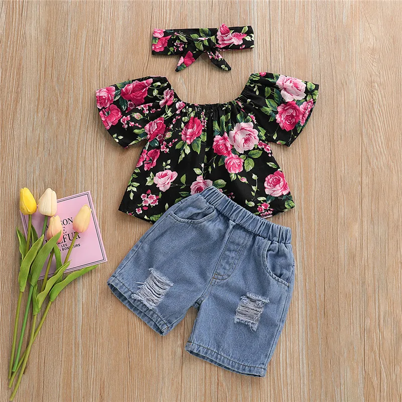 

3PCS Toddler Floral Clothes Set Kids Baby Girl Clothes Off-shoulder blouse shirt +Denim Pants+Headband Outfits Brand Summer Set