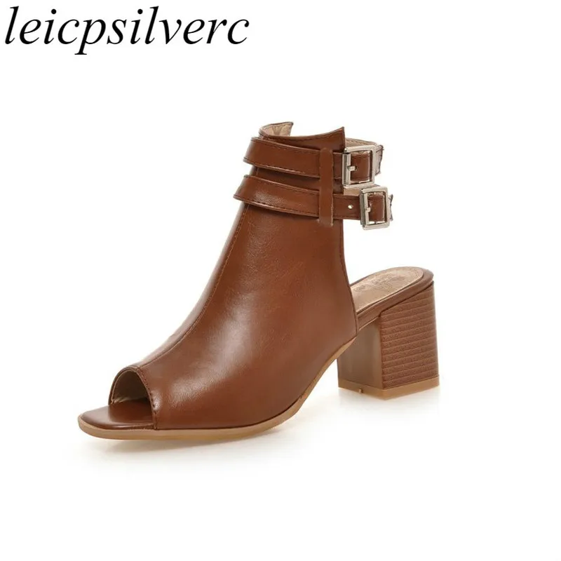 

Women's Sandals 2018 New Sexy Fashion Spring Summer High Heels Pu Buckle Square Heel Peep Toe Casual Shoes Black Beige Brown