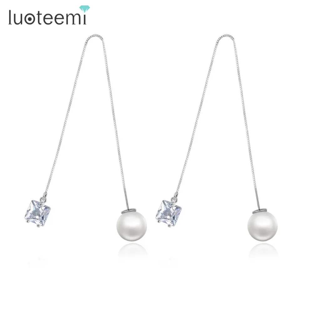 

LUOTEEMI Brand Trendy Drop Earrings Double Side Shining CZ with Simulated Pearl Jewelry Ear Wire Long Chain Brincos for Girls