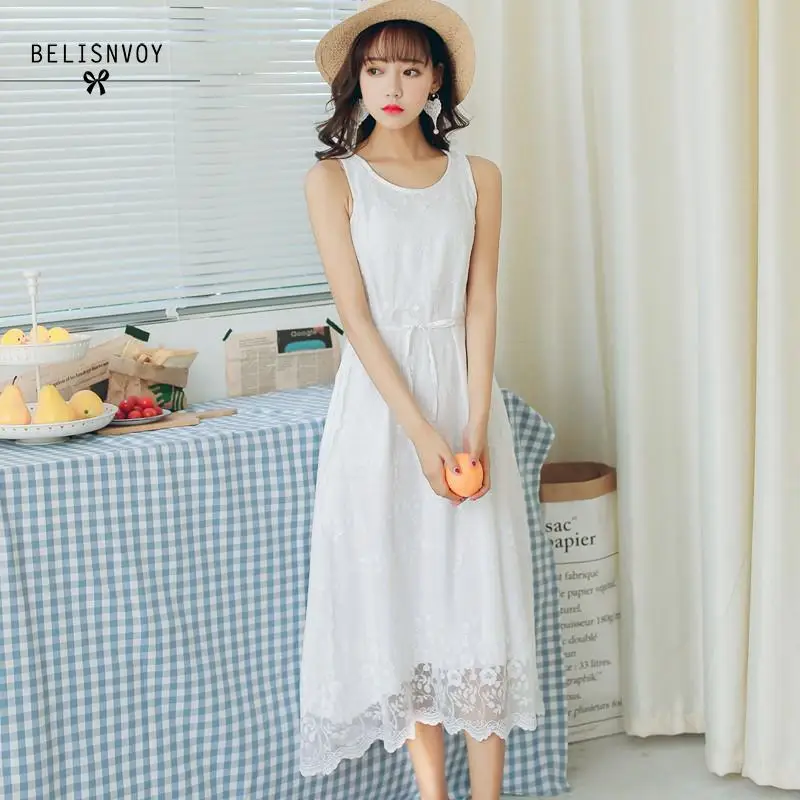 

Mori Girl Summer Women Sleeveless White Dress O-neck Floral Embroidery Hollow Out Tank Vestidos De Festa Elegant Lace Female