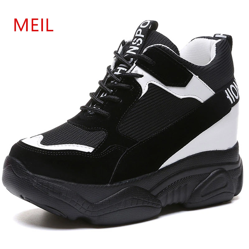 

Women's High Platform Shoes Women Wedge Platform Sneakers Hidden Heel 2019 New Suede+Mesh Height Increase 9CM Ladies Trainers