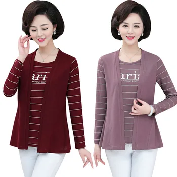 

Stripe Tee Tops 2020 Spring Fall New Middle Age Mother Plus Size Clothes Women Fake Two Pieces Long Sleeve T-shirt Slim Pullover