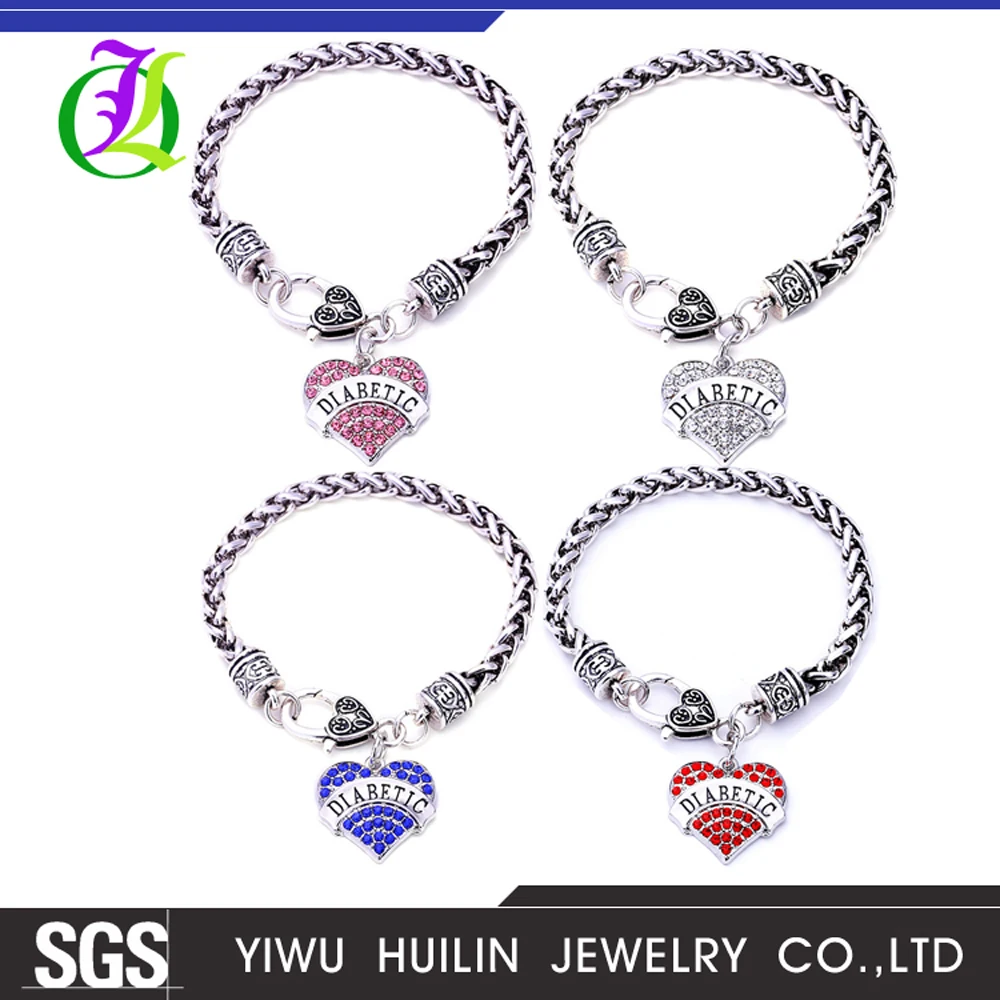 

Awareness Alert four colors Crystal Heart letter DIABETIC wheat link chain Lobster Claw Bracelet wholesale diabetes jewelry