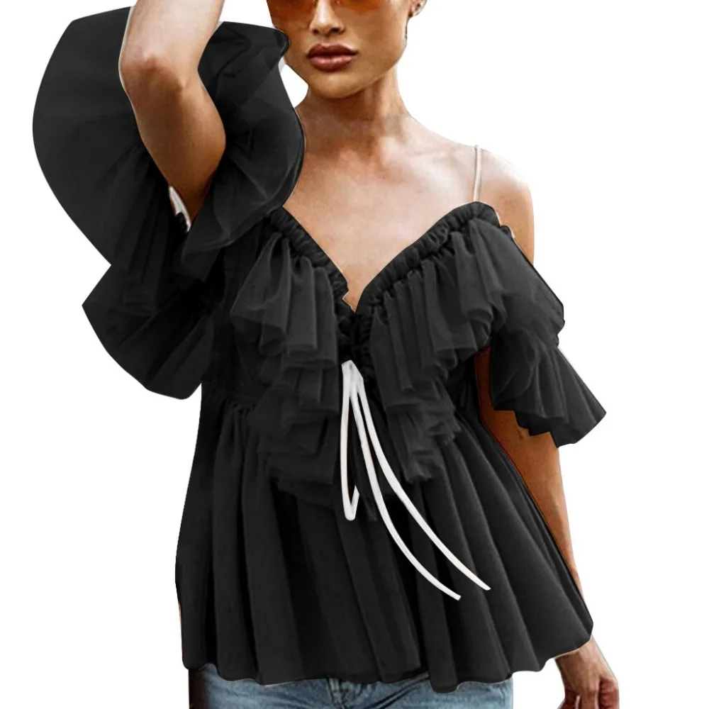 2019 womens summer sexy blouses dentelles vider ruffled ruffled sexy lace sling tops blouses blouses et chemisiers femme 40J12 (2)