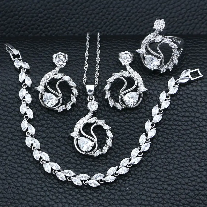 

925 Sterling Silver Wedding Jewelry Sets White Crystal Swan Shaped Necklace/Stud Earrings/Bracelet/Pendant/Ring Set For Women