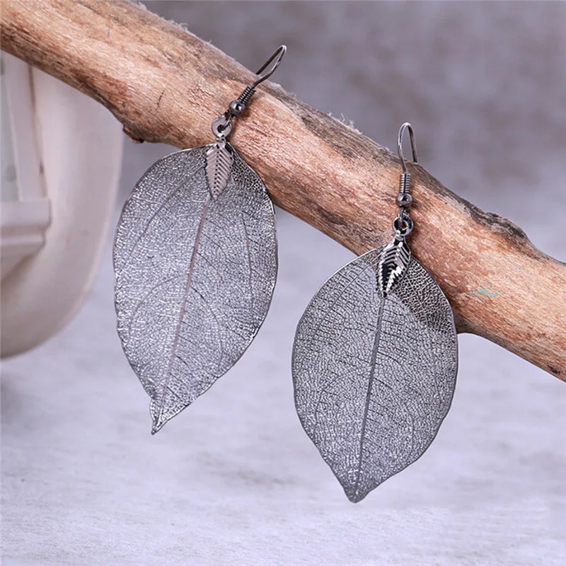 

1 Pair Womans Earrings Long Natural Real Dipped Leaf Leaves Dangle Earrings Ethic Jewelry Boucle D Oreille Femme 2019