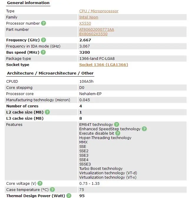 Процессор Intel Xeon X5550 2 Мб кэш-памяти, 2,6 ГГц Intel) LGA1366 настольный процессор