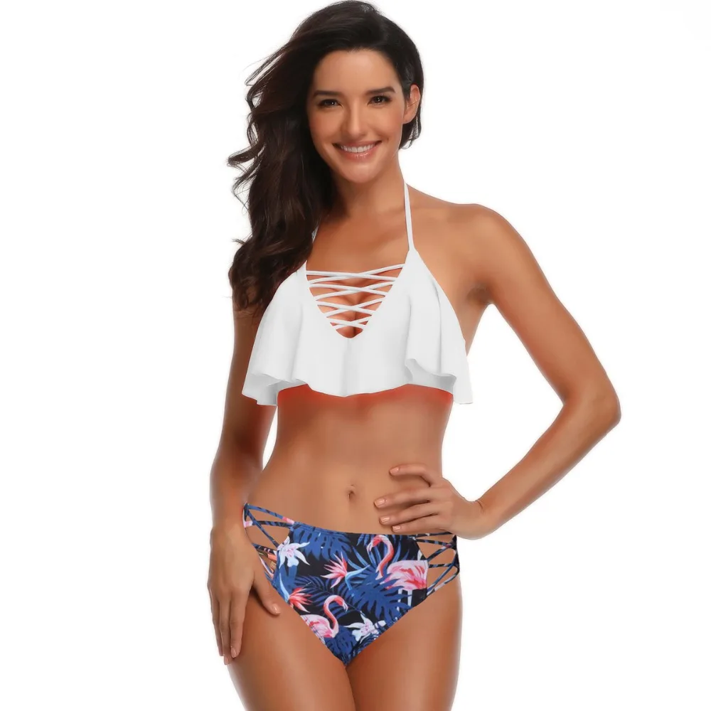Women two Piece Retro Boho Flounce Falbala High Waist adjustable ties at neck and back Bikini Set 3