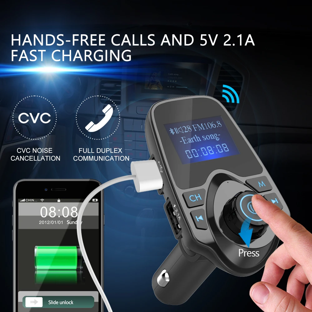 Nulaxy Bluetooth FM Transmitter Audio Car Mp3 Player Wireless In-Car FM Modulator Handsfree Bluetooth Car Kit with LCD Display