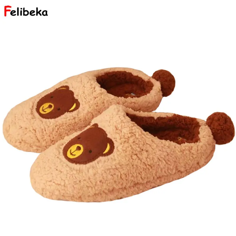 

FELIBEKE Winter Cotton Slippers Parent-child Home Indoor Lovely Bow teddy bear Short Plush Shoes Men&Women Warm Floor Slippers