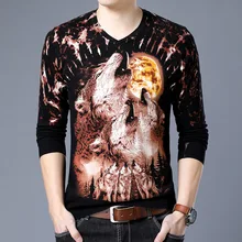 Китайский стиль волчий вой рисунок печати пуловер вязаный свитер осень новое качество хлопок мягкий эластичный свитер menM-3XL