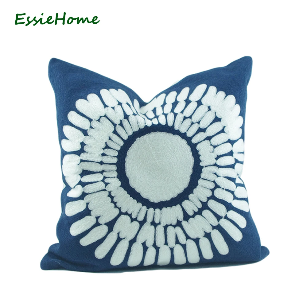 

ESSIE HOME 18x18" Cushion Cover Pillow Case Navy Crocheted High End Full Embroidery Modern Classic Throw