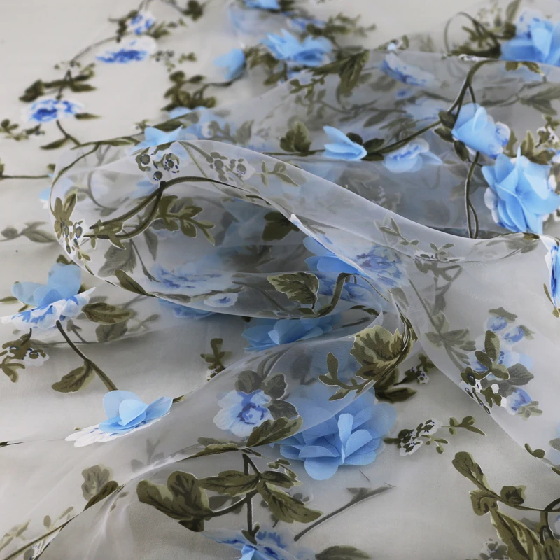 Натуральный белый органза материал свадебное платье МАРЛЯ синий 3d аппликация Ткань Цветочный