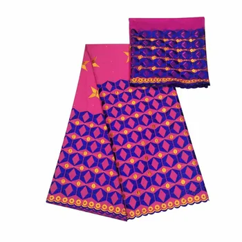 

5+2y African embroidery cotton Swiss voile lace fabric+French tulle net lace cloth for making dress IKCN4 multi color