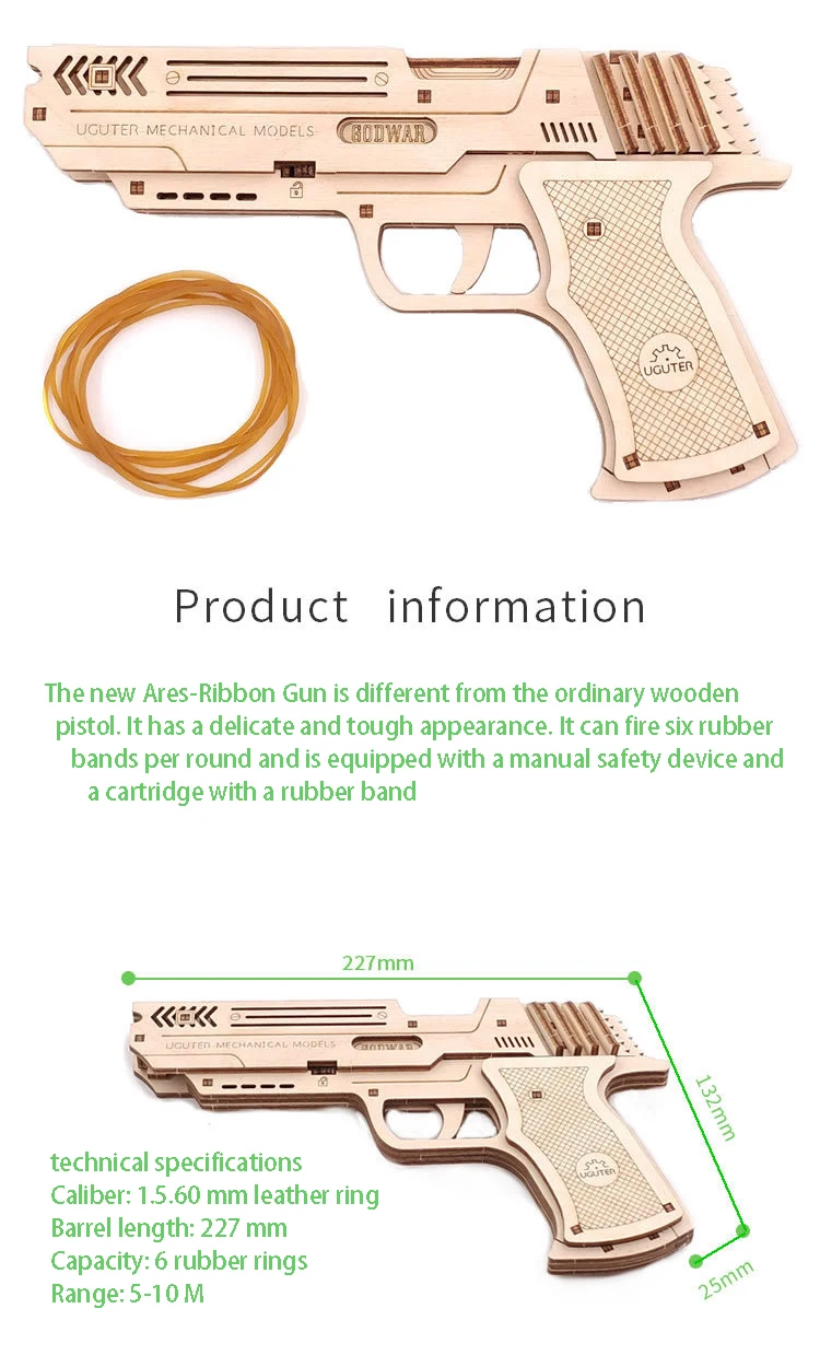 Деревянные машины Оружие Трансмиссия модель моделирования пистолет с резиновой лентой может даже волосы собрать деревянные головы ручной пистолет
