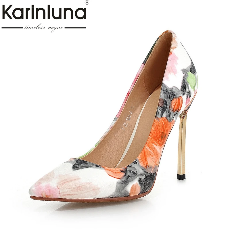 

KarinLuna 2018 5 Colors Printing New Spring Summer Party Shoes Women White Pink Sexy Thin High Heels Fanshion Pumps Shoes