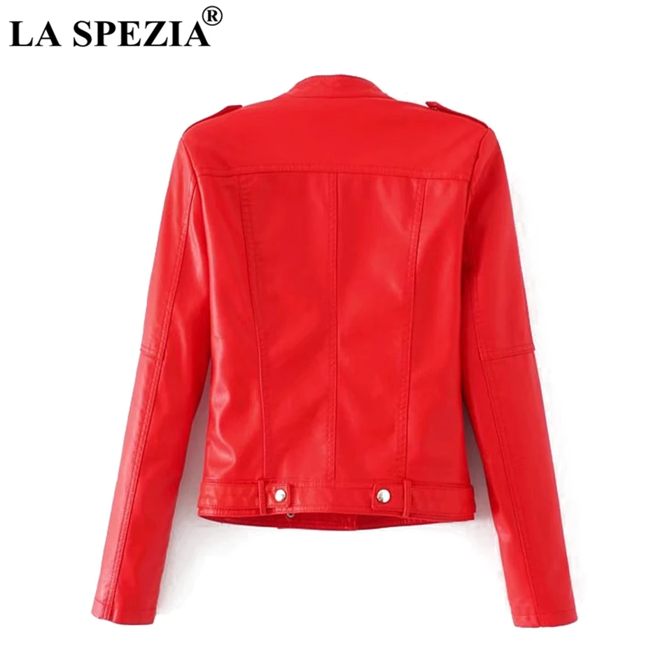 LA SPEZIA Biker Jacket Women Red Artificial Leather Jackets Ladies Belt Rivet Slim Fit Motorcycle Solid Punk Autumn Zipper Coats