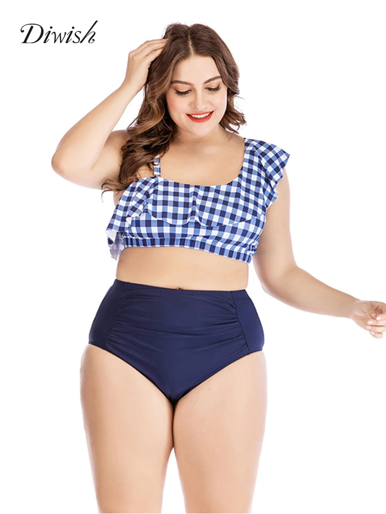 

Diwish Women Two Piece Swimsuit Plus Size Bikini 2019 Plaid Tankini Set High Waist Bikini Push Up Asymmetric Ruffle Bathing Suit