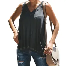 Women Sexy Deep V-Neck Backless Tank Top Crochet Lace Patchwork Solid Color Asymmetric T-Shirt Vest Pleated Swing Loose Camisole lace trim asymmetric neck t shirt
