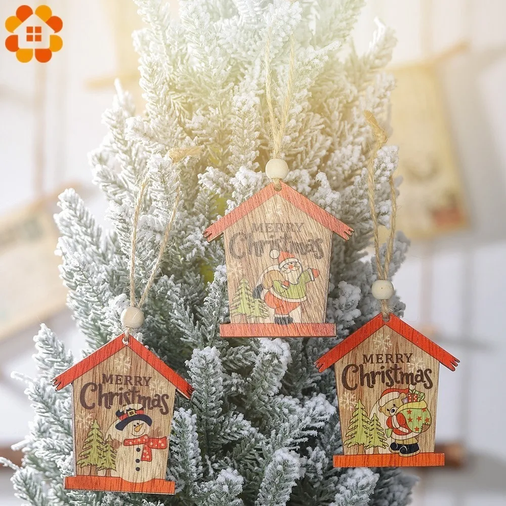 

2PCS Wooden Santa Claus&Snowman Christmas House Shape Pendants Xmas Tree Ornaments Wood Crafts Home Christmas Party Decoration