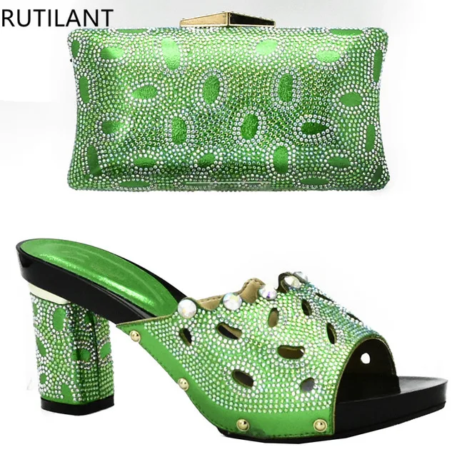 

Green Color African Woman Matching Italian Shoe and Bag Set Decorated with Rhinestone Nigerian Women Party Shoes with Bag Sets