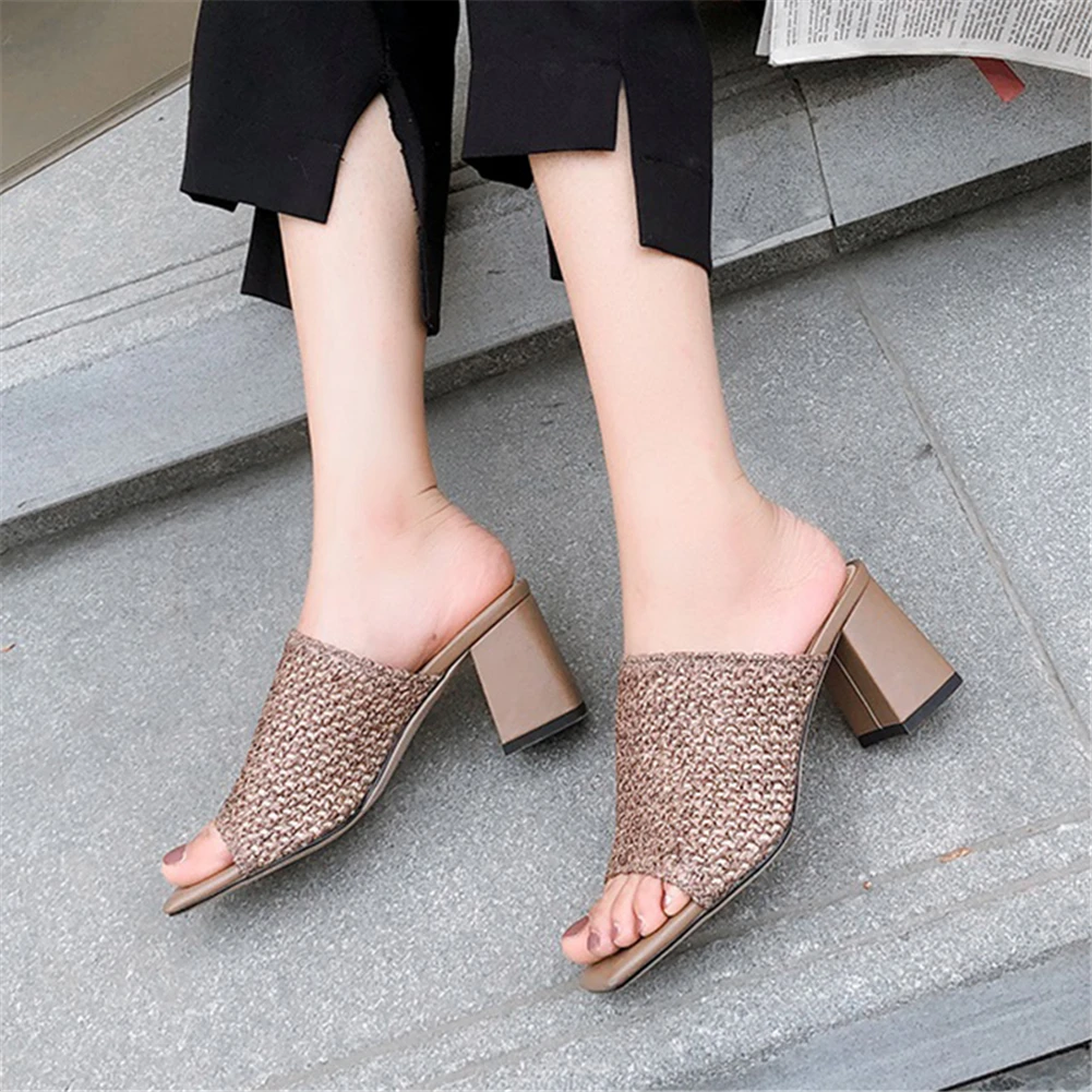 

LAPOLAKA Concise Cane Weave Mules Shoes Women Summer High Heels Slippers Women Shoes Woman Big Size 32-42