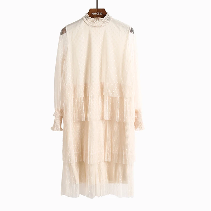 

PERHAPS U spring autumn stand collar beige gray dot chiffon cascading ruffle long sleeve mesh knee length dress loose D0633