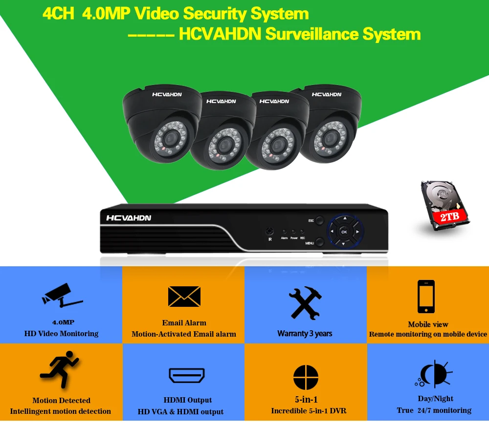 HCVAHDN безопасности Камера Системы 4CH 4.0MP комплект видеонаблюдения 4MP AHD DVR сетевой видеорегистратор Черный купол Indoor Ночное видение Камера P2P