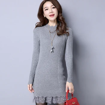 

Women's lace bottom thick long sweater winter & autumn ladies elegant lace patchwork slim pullover sweater dress with lace