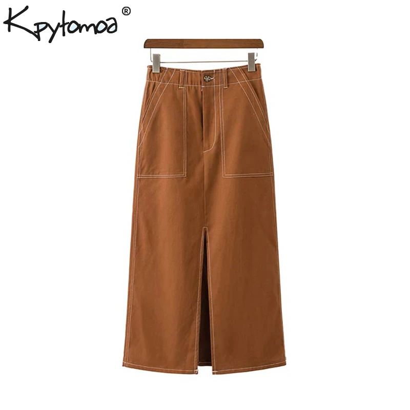 

Vintage Chic Pockets Solid Midi Skirt Women 2019 Fashion Zipper Fly Streetwear Split Ladies Skirts Casual Faldas Mujer