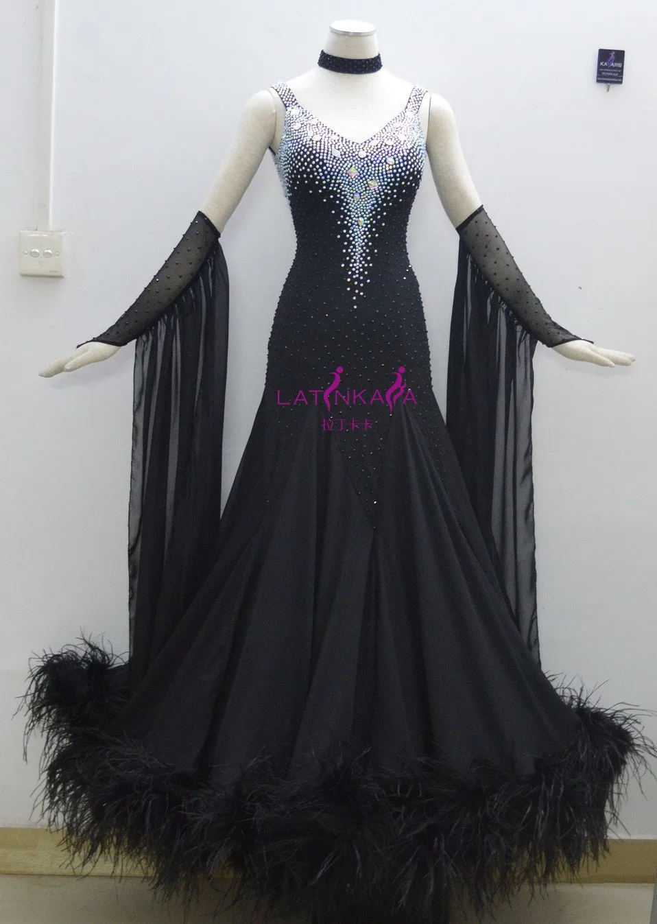 KAKA DANCE B1411, стиль! Черное перьевое бальное стандартное танцевальное платье, платье для соревнований по вальсу, женское бальное танцевальное платье