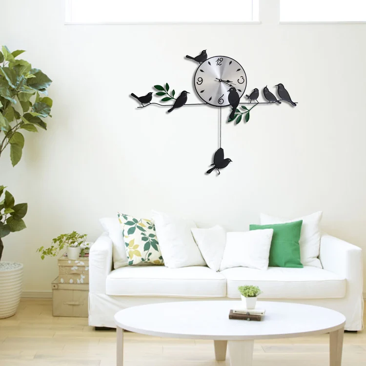 Hierro pájaros péndulo silencioso cuarzo relojes 3D Reloj de pared para la decoración del hogar Hogard Hierro pájaros péndulo silencioso cuarzo relojes 3D Reloj de pared para la decoración del hogar Hogard