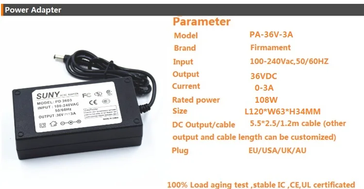 100-240Vac вход, В 36 В 3A 5,5 Вт адаптер питания, 108*2,5, 2,1*5,5 порт CE FCC трансформатор светодио дный Светодиодный источник питания с AU/US/EU/UK Plug